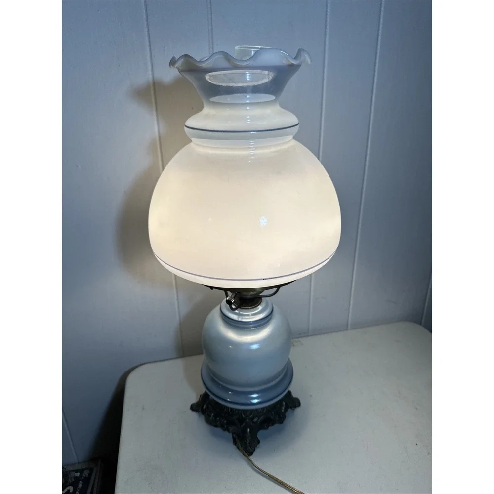 Vintage Gone With the Wind Lamp Blue Pink Floral Milk Glass Hurricane Victorian